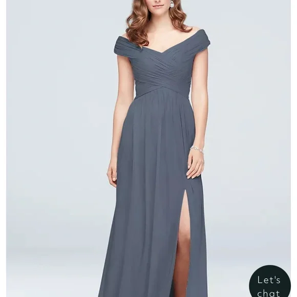 David's Bridal - Crisscross Off-the-Shoulder Mesh Dress - Steel Blue, Size 6 - Picture 1 of 10